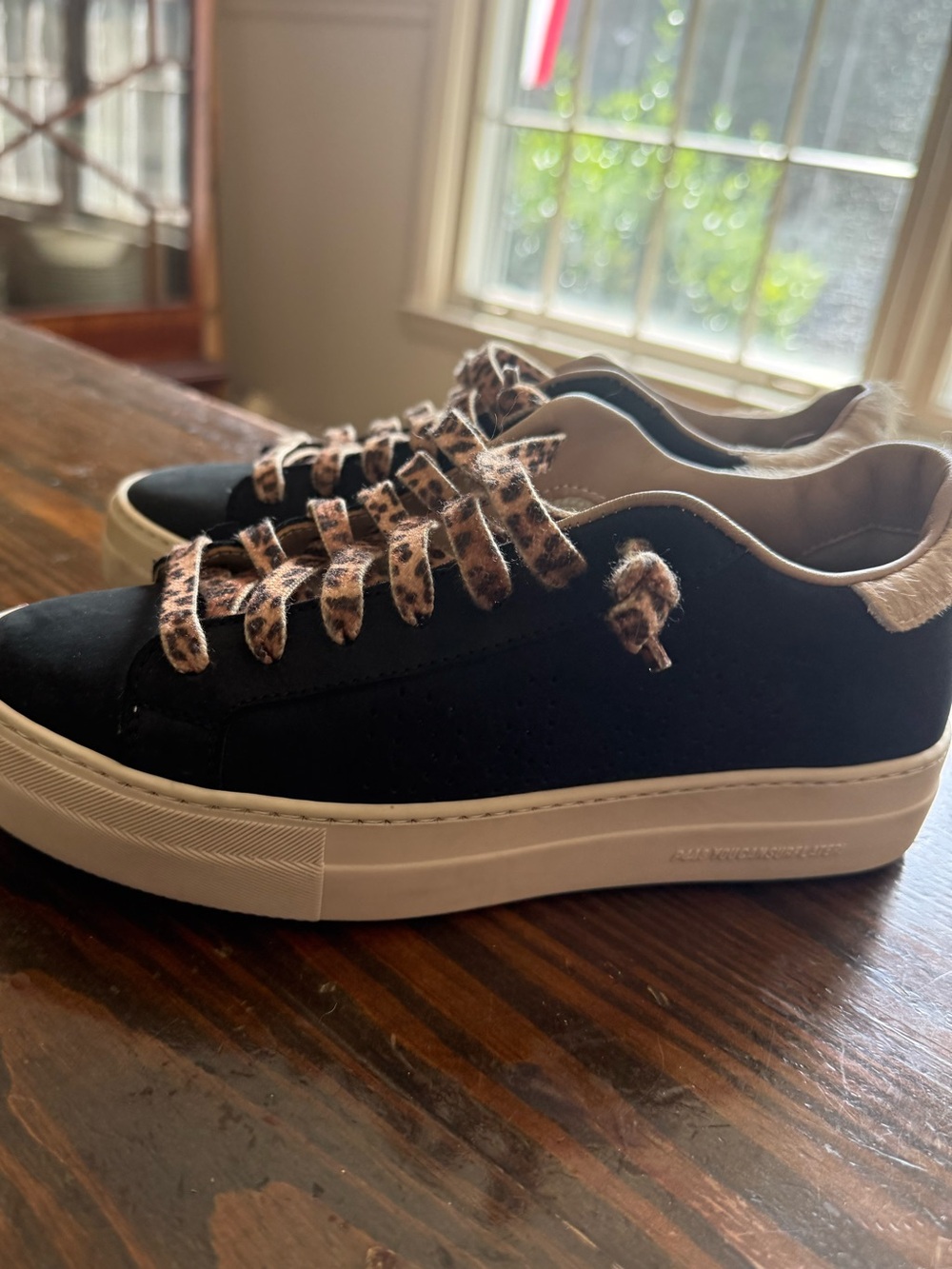 P448 Black Suede Sneakers with Leopard Laces- Excellent Used Condition